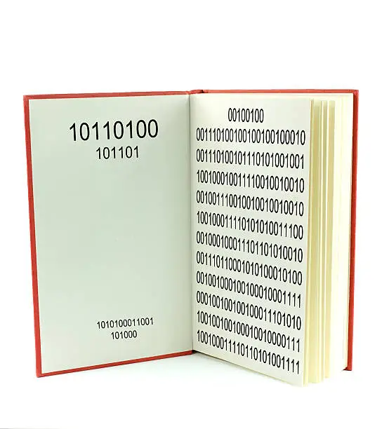 A blank book e reader with pages og binary bits. On a white background.