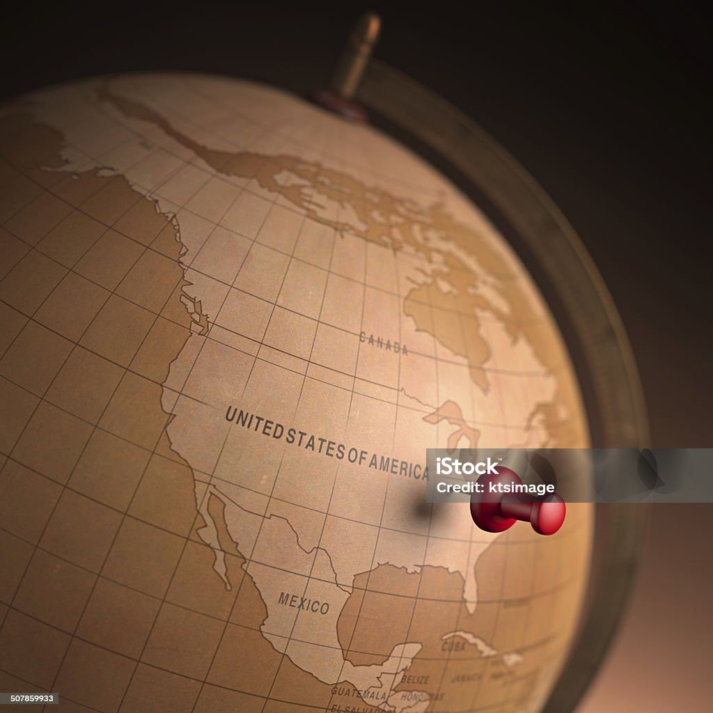 United States Marked Antique globe with the United States marked by the pin. Clipping path included. Antique Stock Photo