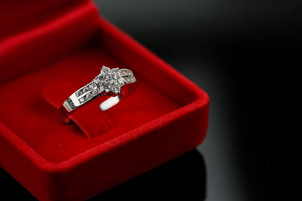 istock Wedding rings background, beautiful silver ring in red box 507864348