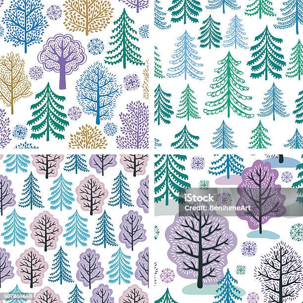 Winter Forest Collection Of Seamless Patterns Stock Illustration - Download Image Now - Abstract, Backgrounds, Cedar Tree