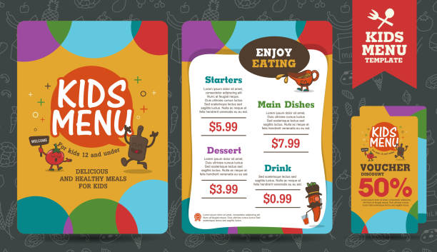 menu Cute colorful kids meal menu vector template chef borders stock illustrations