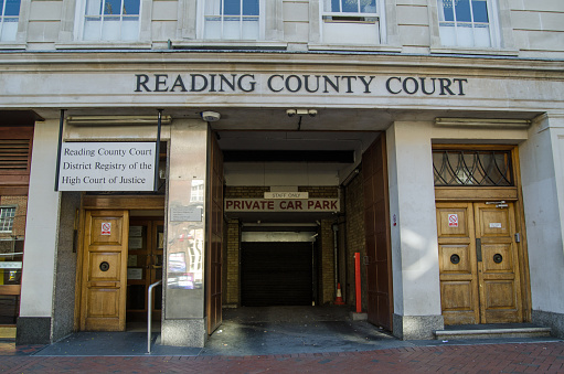 Reading, UK - September 10, 2015: Vehicle and pedestrian entrances to the Crown Court in Reading, Berkshire.