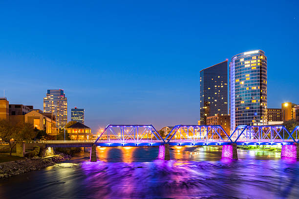istock Grand Rapids downtown including river and bridge at dusk 507870028