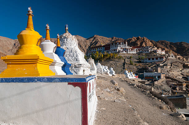 Stupas in front of budhist temple Phyang, Ladakh, India Budhist temple Phyang Gompa belongs to the red hat sect of Buddhism, Ladakh, India phyang monastery stock pictures, royalty-free photos & images