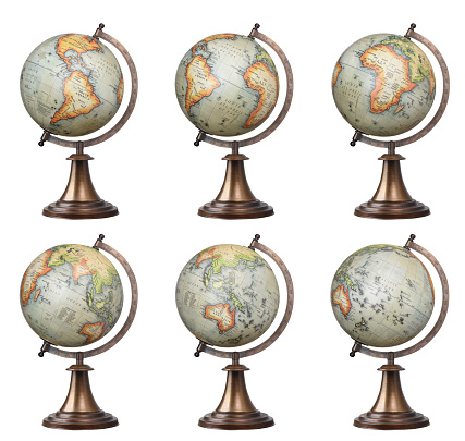 Collection of old style world globes isolated on white background. Showing all continents