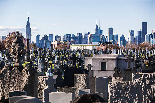 vista a manhattan en el cementerio calvario - grave nature usa city life fotografías e imágenes de stock