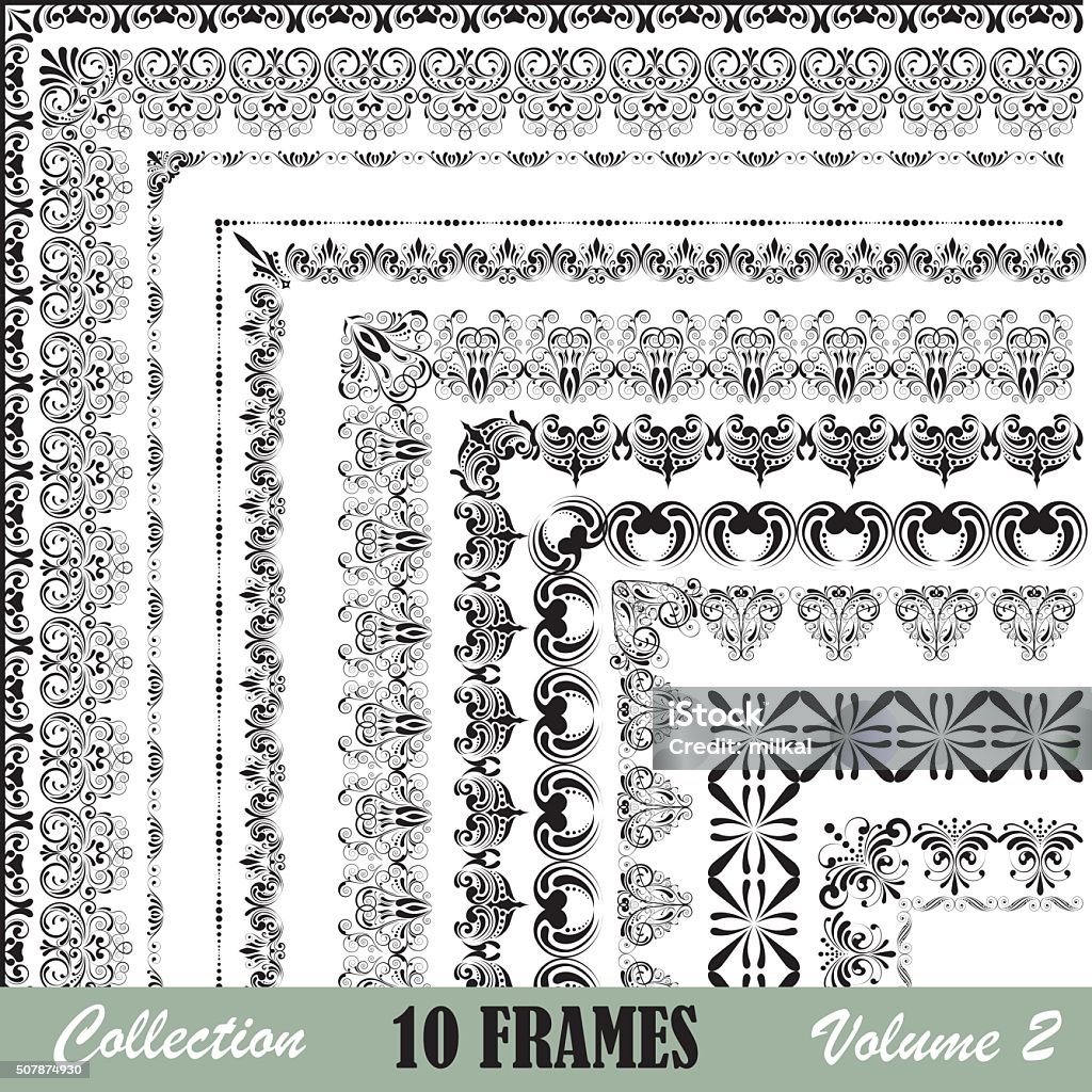 Frames collection A collection of 10 frames arranged diagonally from the upper left corner to the bottom right corner showing the corners of designs in black against a white background. Design framework is included in the panels of the brushes. The image features black lines of varying thicknesses arranged in swirls and curves. There are black dots in some frames, and most of the black dots are arranged in lines of dots, which are organized from smallest to largest. Some frames are calligraphic tangles. Border - Frame stock vector