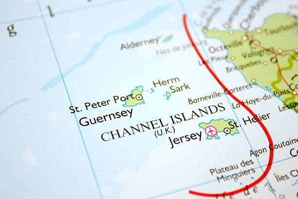 Map showing the Channel Islands Map with selective focus on the Channel Islands (UK) channel islands england stock pictures, royalty-free photos & images
