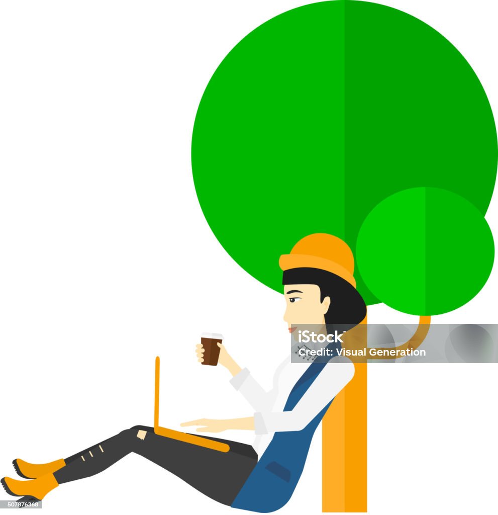 Woman using laptop for education An asian woman with cup of coffee studying in park using a laptop vector flat design illustration isolated on white background.  Alcohol - Drink stock vector