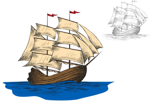 stary żaglowiec wśród fale oceanu - brigantine old sailing ship passenger ship stock illustrations