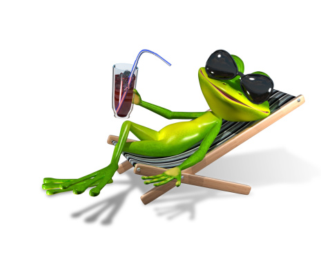 green frog with a drink on a sun lounger