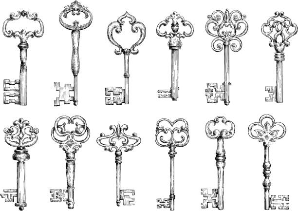 Vintage keys sketches with swirl forging Ornamental medieval vintage keys with intricate forging, composed of fleur-de-lis elements, victorian leaf scrolls and heart shaped swirls. key illustrations stock illustrations