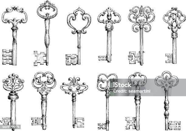 Vintage Keys Sketches With Swirl Forging Stock Illustration - Download Image Now - Key, Old-fashioned, Retro Style