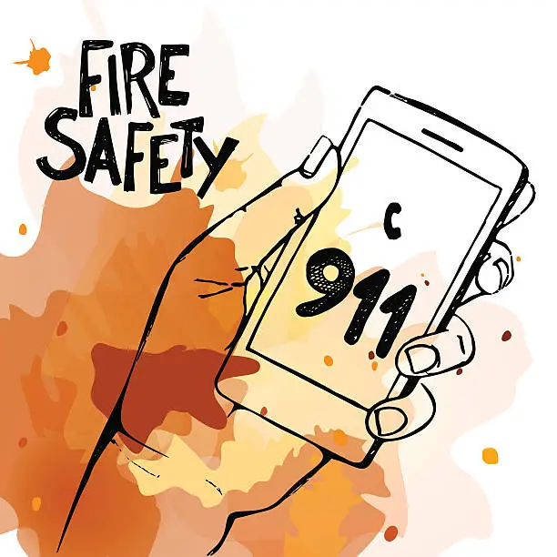 Vector illustration of Hand holding mobile phone with number 911