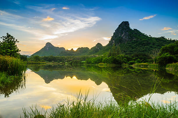 istock Landscape river and mountain with blue sky sunset 507880889