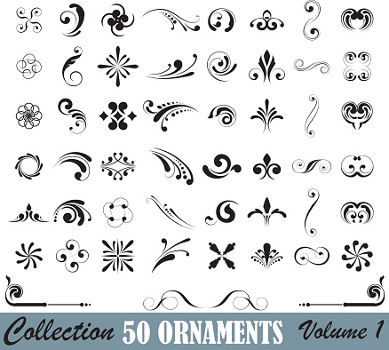 This is a part of series collection off 50 ornaments design in black against a white background. Designs are arranged in eight columns at 6 elements.The image features black lines of varying thicknesses arranged in swirls and curves. There are black dots in the image, and most of the black dots are arranged in lines of dots, which are organized from smallest to largest. Floral ornaments logo type.