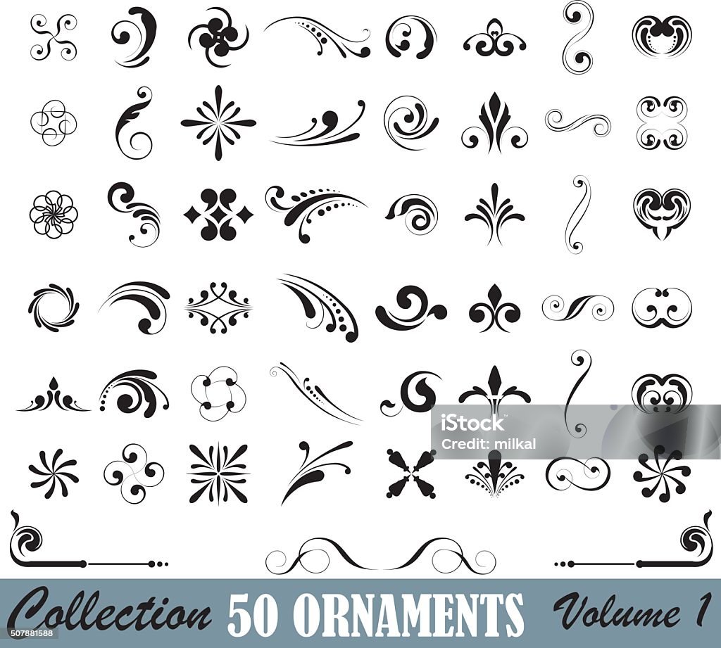 Big set of design elements This is a part of series collection off 50 ornaments design in black against a white background. Designs are arranged in eight columns at 6 elements.The image features black lines of varying thicknesses arranged in swirls and curves. There are black dots in the image, and most of the black dots are arranged in lines of dots, which are organized from smallest to largest. Floral ornaments logo type. Ornate stock vector