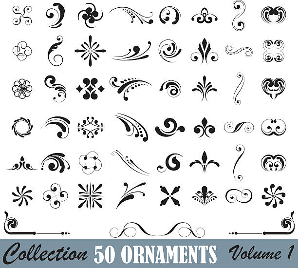 Big set of design elements This is a part of series collection off 50 ornaments design in black against a white background. Designs are arranged in eight columns at 6 elements.The image features black lines of varying thicknesses arranged in swirls and curves. There are black dots in the image, and most of the black dots are arranged in lines of dots, which are organized from smallest to largest. Floral ornaments logo type. baroque stock illustrations