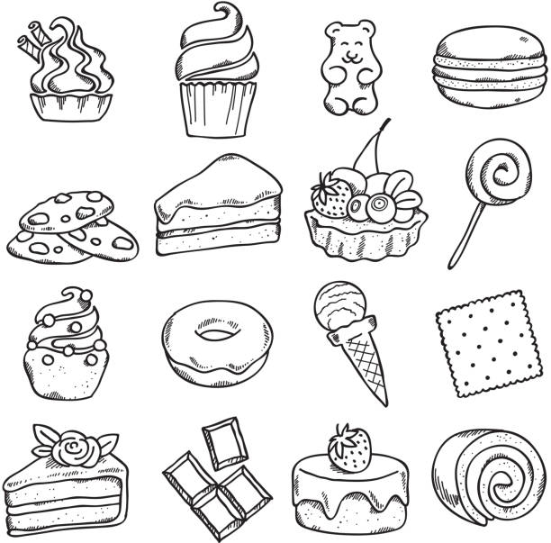 ilustrações, clipart, desenhos animados e ícones de diferentes preto e branco doces desenho de conjunto de ícones em estilo. - donut sweet food dessert snack