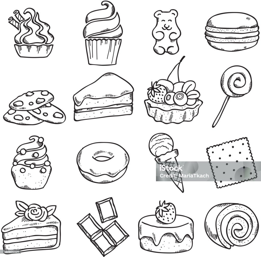 Different black and white sweets icons set in sketch style. Drawing - Activity stock vector