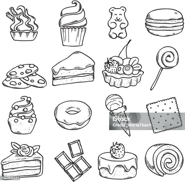 Different Black And White Sweets Icons Set In Sketch Style Stock Illustration - Download Image Now