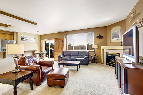 istock Cozy living room with fireplace and leather couch 507896219