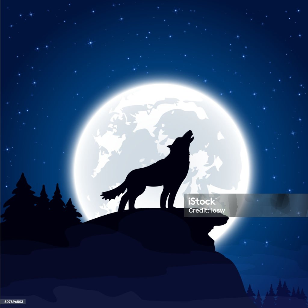 Wolf on Moon background Halloween night background with wolf and Moon, illustration. Wolf stock vector