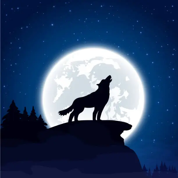 Vector illustration of Wolf on Moon background
