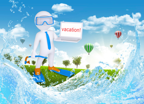 3d diver hold open laptop against background consists green grass, trees and water splash