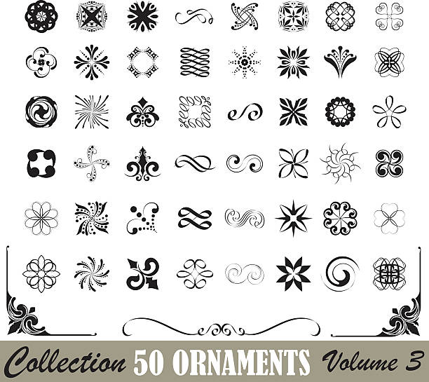 Collection of many ornaments This is a part of series collection off 50 ornaments design in black against a white background. Designs are arranged in eight columns at 6 elements.The image features black lines of varying thicknesses arranged in swirls and curves. There are black dots in the image, and most of the black dots are arranged in lines of dots, which are organized from smallest to largest. Floral ornaments logo type. rococo stock illustrations