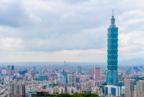 View of the Taipei Skyline with Taipei 101 under the clear blue sky