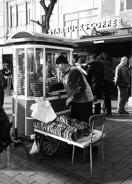 Istanbul, Turkey - December 23, 2015:Simit seller cart at Karakoy District in istanbul.Simit is a circular bread with sesame seeds