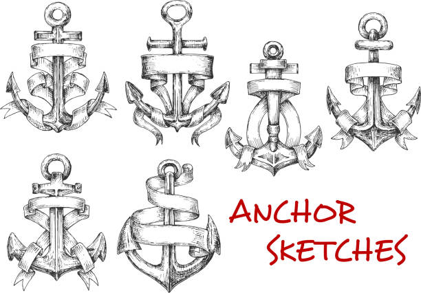 Sketches of old heraldic anchors with ribbons Old heraldic anchors with wavy ribbon banner or paper scroll. Sketch style. Nautical heraldry, marine, journey and adventure design usage nautical tattoos stock illustrations
