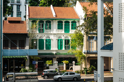 Singapore, Singapore - December 23, 2015: Craig road in Tanjong Pagar with historical house in colonial architectural style. The road was the living quarters of Chinatown's poor in the late 19th. Craig road
