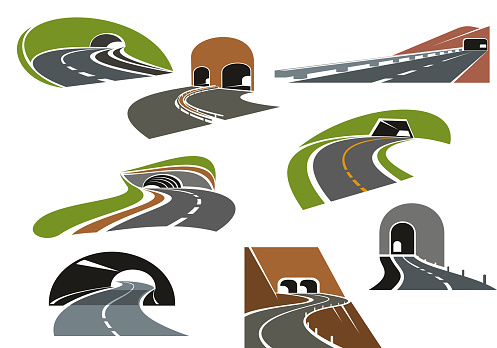 Road tunnels symbols for travel, car trip and transportation design. Colorful icons of underpass freeways and mountain highways leading to tunnels with decorative arched and square entrances