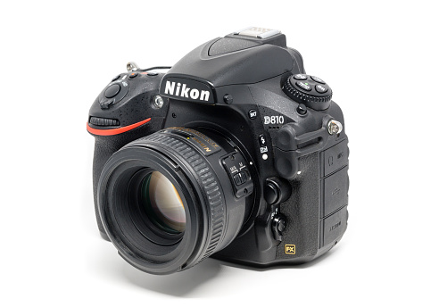 Ostfildern, Germany - January 24, 2016: A Nikon D810 camera body with Nikkor 50mm 1:1,4 lens, the first digital SLR camera in Nikon's history to offer a minimum standard sensitivity of ISO 64 and other professional features.