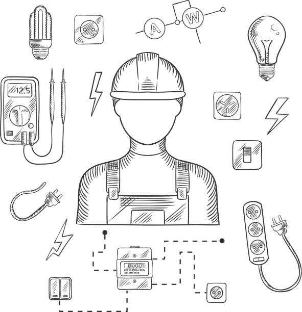 illustrazioni stock, clip art, cartoni animati e icone di tendenza di professional elettricista con strumenti e attrezzature - measuring ideas power industry