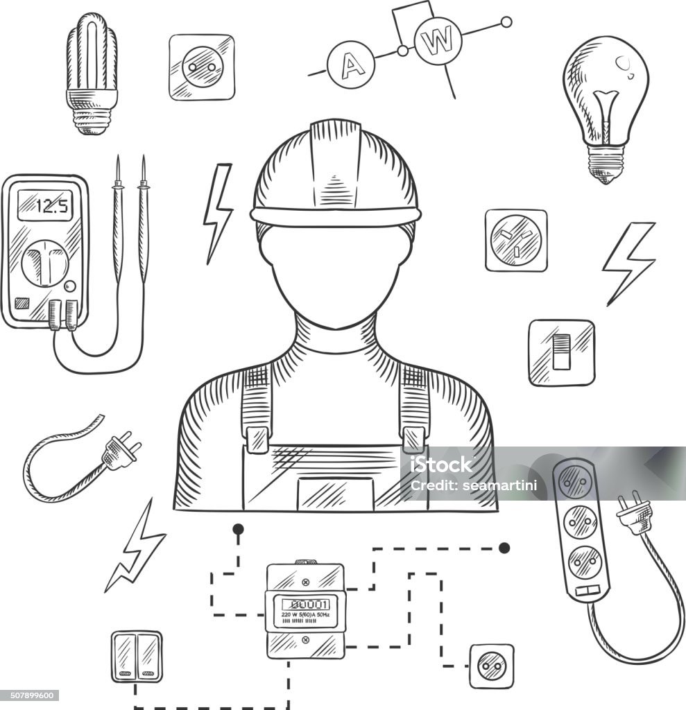 Professional electrician with tools and equipment Electrician man in hard hat with electrical household supplies, electric tools and equipments symbols on dark blue background for profession or industry design. Vector sketch illustration Electrician stock vector