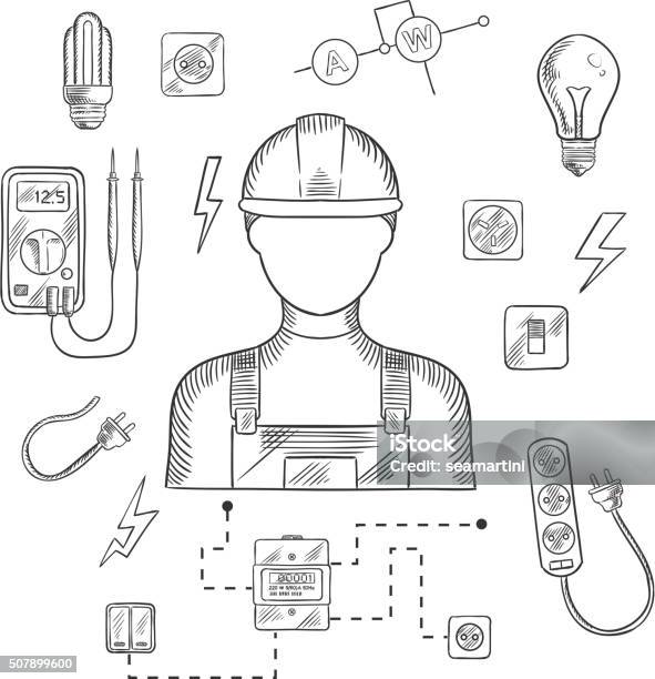 Professional Electrician With Tools And Equipment Stock Illustration - Download Image Now - Electrician, Sketch, Occupation