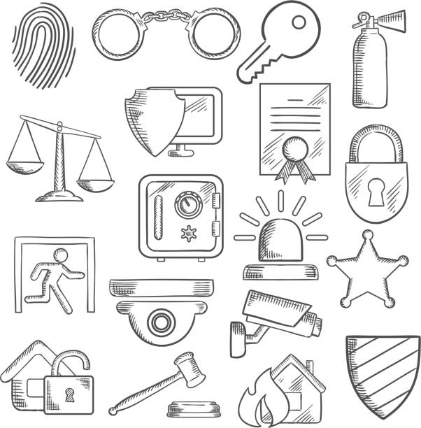 безопасности и охраны иконки в эскиз стиль - замок средство безопасности иллюстрации stock illustrations
