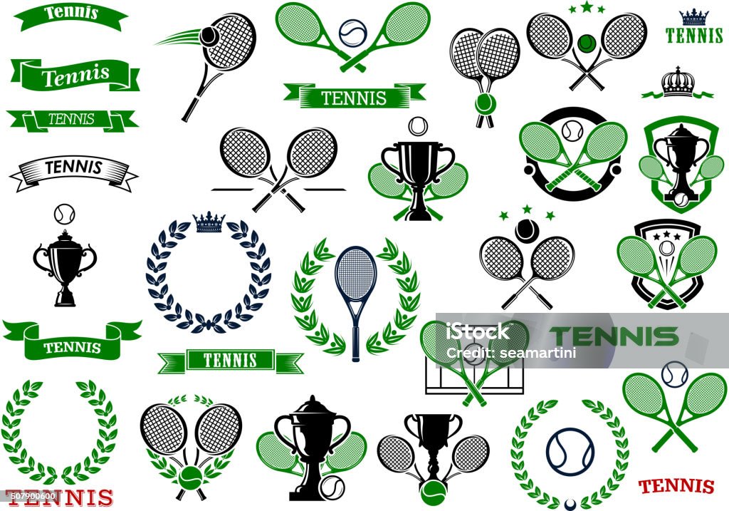 Tennis sport game icons and symbols Tennis sport game icons and symbols wit heraldic elements as rackets, laurel wreath, banners, ribbons, trophy, balls and crowns Tennis stock vector