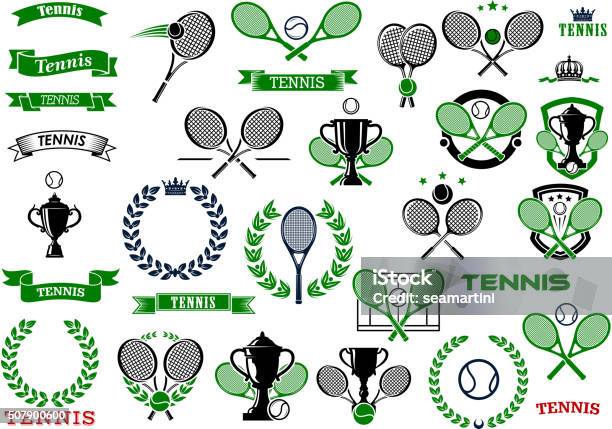 Tennis Sport Game Icons And Symbols Stock Illustration - Download Image Now - Tennis, Coat Of Arms, Activity