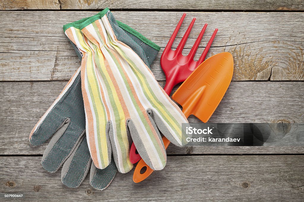 Gardening tools and gloves Gardening tools and gloves on wooden table background Above Stock Photo