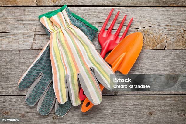 Gardening Tools And Gloves Stock Photo - Download Image Now - Above, Agriculture, Equipment