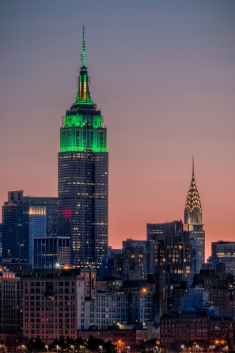 Empire State Building lit up in green for St Patrick's Day in New York City