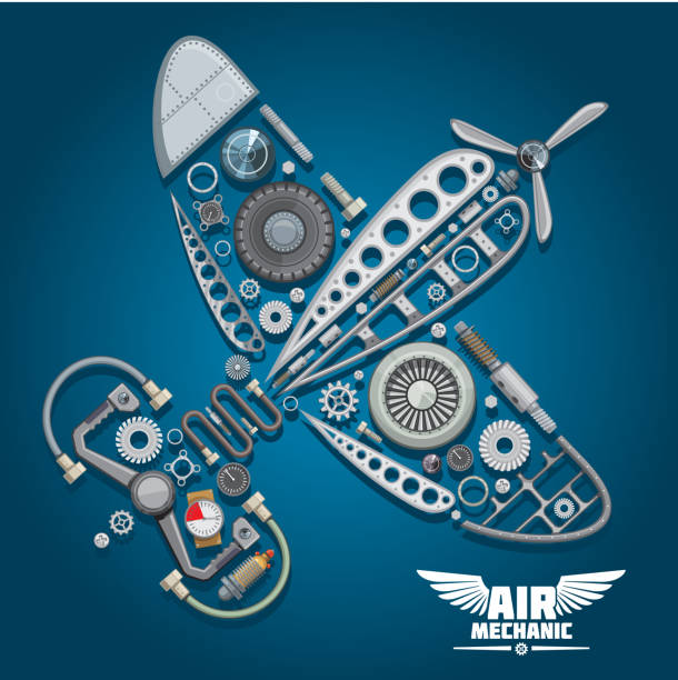 illustrations, cliparts, dessins anim�és et icônes de air mécanicien conception avec avion à hélice - wheel airplane landing air vehicle