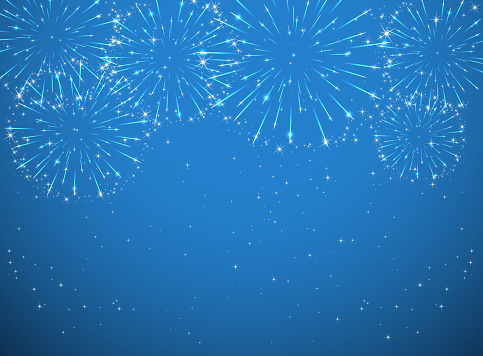 Stars and shiny fireworks on blue background, illustration.