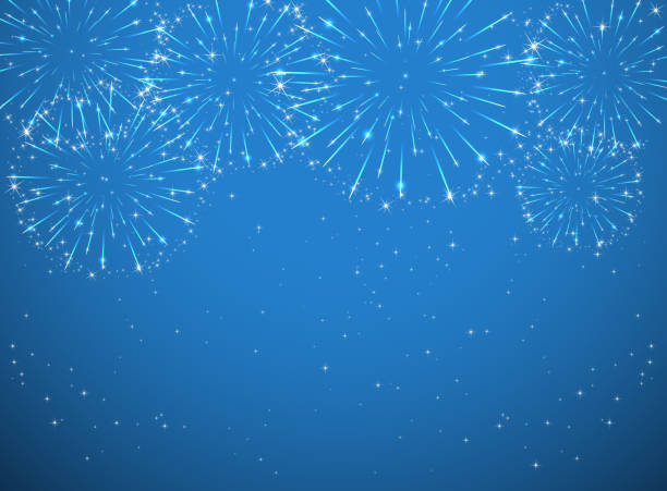 Shiny firework Stars and shiny fireworks on blue background, illustration. fireworks stock illustrations
