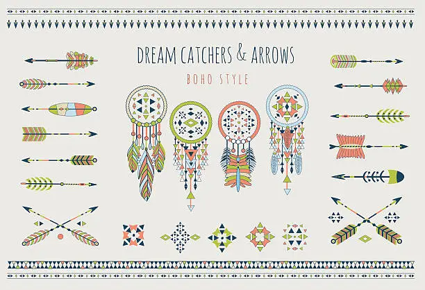 Vector illustration of Set of arrows, dream catchers, Indian elements.