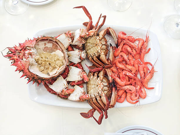 Seafood fountain containing crab, necora and shrimp